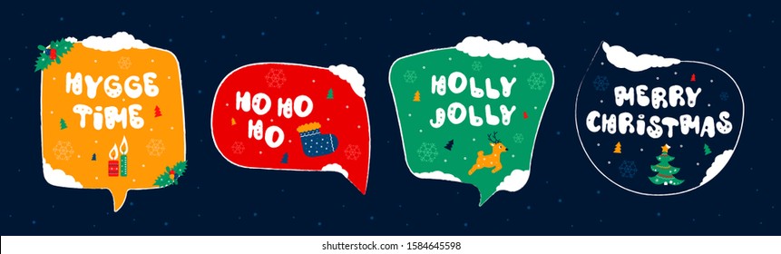 Set of winter holiday speech bubbles with a wish - part 2. Christmas and New year stickers with a wish. Doodle holiday card collection