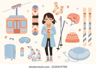 Fije las vacaciones de invierno, deporte. Chica, teleférico, casco, esquís, patines y otros equipos. Ilustración vectorial