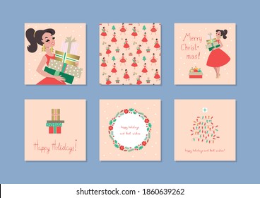 Set of winter holiday templates. Collection of vintage greeting cards and backgrounds with pretty girls, gift boxes and Christmas decorations. Suitable for social media post and web banner design. 
