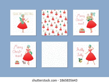 Set of winter holiday templates. Collection of greeting cards and backgrounds with pretty girls and Christmas decorations on a white background. Suitable for social media post and web banner design.