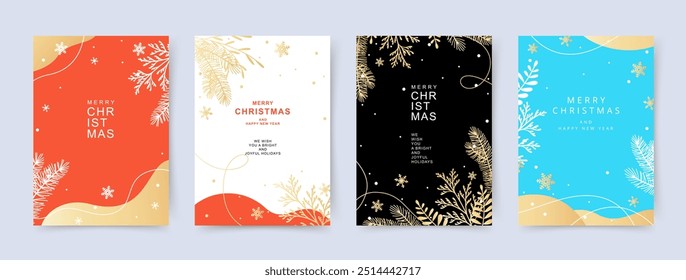 Set of Winter holidays banner templates. Minimal background with Christmas tree branches and snowflakes. Christmas card. Vector illustration for poster, banner, cover, mobile app, social media, flyer