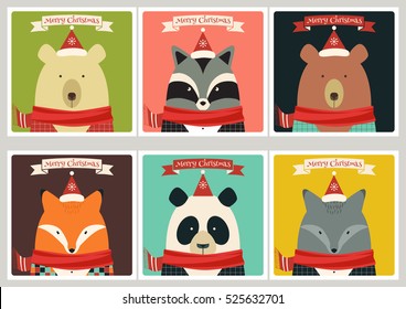 Set of winter holidays cards with animals. Bear, panda, wolf, raccoon, fox.