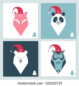 Set of winter holidays cards with animals. Bear, panda, owl, fox.