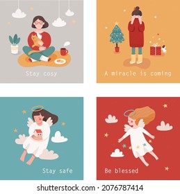 A set of winter holidays cards. Cute New Year and Christmas illustrations with angles flying in the sky and being part of holiday season. Bright colors. Cartoon like characters. 