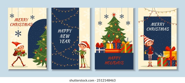 Set von Winterurlaub Karten mit Elfen und präsentiert Vektor-Vorlagen mit Weihnachtsmann kleine Helfer lustige Charaktere Nettes Kinder-Design für Druck, Karte, Flyer, Banner. Frohe Weihnachten 2025 Cover