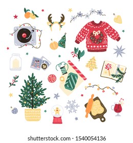 Set of winter holidays design elements. Cheerful hand-drawn christmas design.