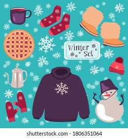 Conjunto de elementos de diseño de vacaciones de invierno: Hombre de nieve, sombrero, suéter, calzado, mitones, flan, copa, cafetera, medias. Alegre diseño navideño dibujado a mano.