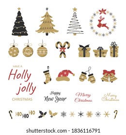 Set of winter holidays design elements. Cheerful hand-drawn New Year stickers set. Christmas illustration for card, poster, web, logo, scrapbooking, patterns. Flat style.
