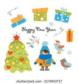 Set of Winter holidays design elements, vector illustration. Calligraphy, girl in Winter clothes, birds, Christmas gifts and other elements. Cheerful cartoon Christmas design.