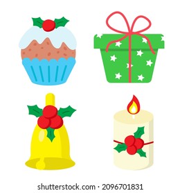 Set of winter holidays elements. Merry Christmas and happy New Year celebration. Gift box, jingle bell, candle with holly berry decor and traditional cupcake. Vector illustration in cartoon style. 