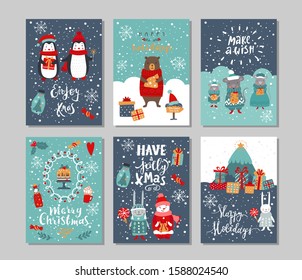 Set of winter holidays greeting cards. Christmas vector illustration