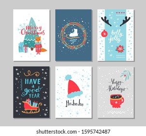 Set of winter holidays greeting cards. Christmas vector illustration