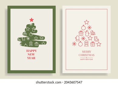 Set of winter holidays greeting cards with decorative Christmas trees. Merry Christmas and Happy New Year. Elegant template for postcards, invitations, posters, banners. Vector illustration. EPS 10