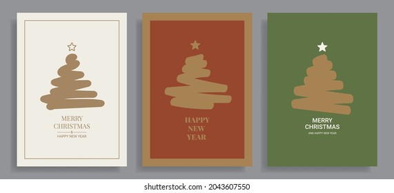 Set of winter holidays greeting cards with decorative Christmas trees. Merry Christmas and Happy New Year. Elegant template for postcards, invitations, posters, banners. Vector illustration. EPS 10
