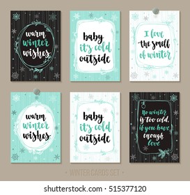 Set winter and holidays greeting cards with handwritten brush calligraphy and decorative elements. Decorative vector illustration for season invitations, cards, posters and flyers.