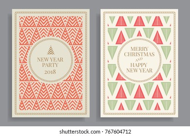 Set of winter holidays greeting cards with geometric pattern background. Merry Christmas and Happy New Year. Elegant template for postcards, invitations, posters, banners. Vector illustration. EPS 10