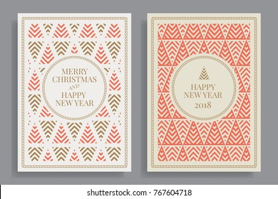 Set of winter holidays greeting cards with geometric pattern background. Merry Christmas and Happy New Year. Elegant template for postcards, invitations, posters, banners. Vector illustration. EPS 10