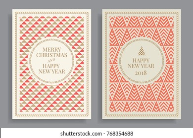 Juego de tarjetas de felicitación de vacaciones de invierno con fondo geométrico. Feliz Navidad y Feliz Año Nuevo. Elegante plantilla para postales, invitaciones, afiches, banners. Ilustración vectorial. EPS 10