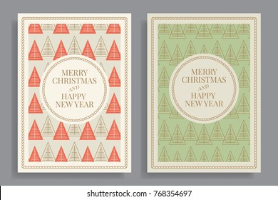 Set of winter holidays greeting cards with geometric pattern background. Merry Christmas and Happy New Year. Elegant template for postcards, invitations, posters, banners. Vector illustration. EPS 10