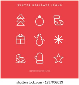 Set of winter holidays icons. Line pictograms. Merry Christmas and Happy New Year decoration. Vector illustration.