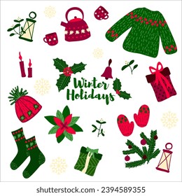 Set of Winter Holidays icons with warm clothes, kettle and teacups, evergreen branches, holly and mistletoe, and other elements. Hand-drawn flat vector illustration set. Vector icons isolated on white