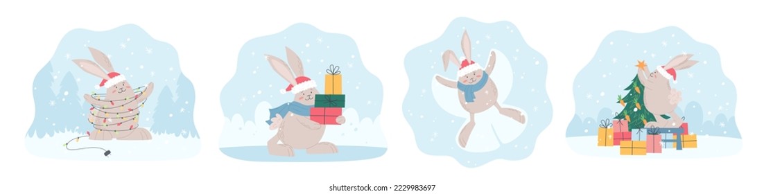 Set of winter holidays illustrations with cute rabbit in Santa Claus hat. Christmas activities illustration. Year of the Rabbit. Vector illustration