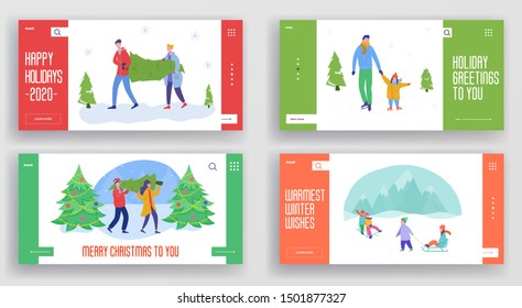 Set of Winter Holidays Landing Pages Template. Merry Christmas and Happy New Year Website Layout with People Characters, Christmas trees, Sledges. Customized Mobile Web Site Friends Party. Vector