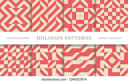 Set of winter holidays patterns. Merry Christmas and Happy New Year. Collection of simple geometric textured backgrounds with red and golden colors. Vector illustration. EPS 10