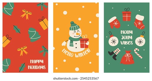 Set of winter holidays posters. Christmas decoration and handwritten lettering on bright background. Flat vector illustration.