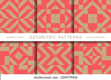Conjunto de patrones sin costuras de vacaciones de invierno. Felices Navidades y Feliz Año Nuevo. Colección de sencillos fondos geométricos texturizados con colores rojos y dorados. Ilustración vectorial. EPS 10