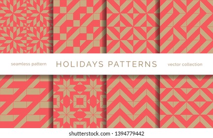 Set of winter holidays seamless patterns. Merry Christmas and Happy New Year. Collection of simple geometric textured backgrounds with red and golden colors. Vector illustration. EPS 10