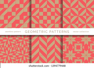 Set of winter holidays seamless patterns. Merry Christmas and Happy New Year. Collection of simple geometric textured backgrounds with red and golden colors. Vector illustration. EPS 10