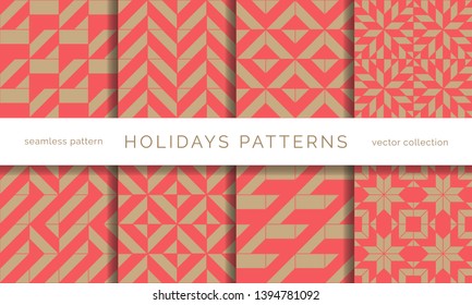 Set of winter holidays seamless patterns. Merry Christmas and Happy New Year. Collection of simple geometric textured backgrounds with red and golden colors. Vector illustration. EPS 10