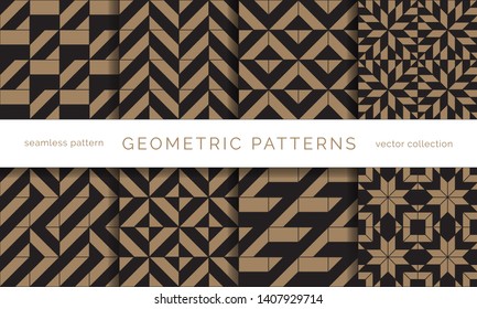 Set of winter holidays seamless patterns. Merry Christmas and Happy New Year. Collection of simple geometric textured backgrounds with black and golden colors. Vector illustration. EPS 10