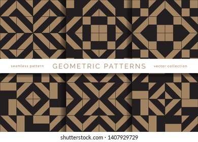 Set of winter holidays seamless patterns. Merry Christmas and Happy New Year. Collection of simple geometric textured backgrounds with black and golden colors. Vector illustration. EPS 10