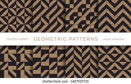 Conjunto de padrões sem emenda de feriados de inverno. Feliz Natal e Feliz Ano Novo. Coleção de fundos texturizados geométricos simples com cores pretas e douradas. Ilustração vetorial. EPS 10