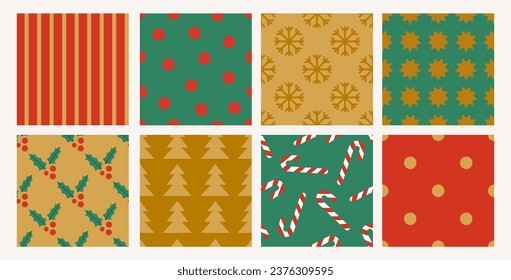 Set of winter holidays seamless patterns. Merry Christmas and Happy New Year. Simple geometric backgrounds with snowflakes, Christmas tree, confetti, candy. Red, golden and golden colors.