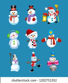 Set of winter holidays snowman. Cheerful snowmen in different costumes. Snowman chef, magician, snowman with candy and gifts. Vintage Christmas poster design with snowman, reindeer characters.