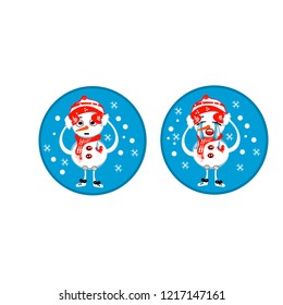 Set of winter holidays snowman. Cheerful snowmen in different costumes. Snowman chef, magician, snowman with candy and gifts.