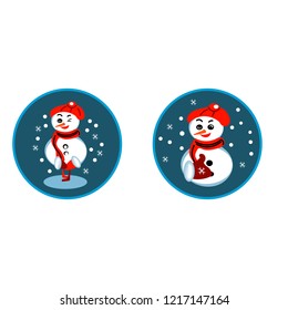 Set of winter holidays snowman. Cheerful snowmen in different costumes. Snowman chef, magician, snowman with candy and gifts.