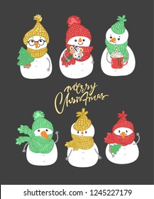 Set of winter holidays snowman. Cheerful snowmen in different costumes. Snowman chef, magician, snowman with candy and gifts.