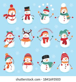 Set of winter holidays snowman. Cheerful snowmen in different costumes. Snowman chef, magician, snowman with candy and gifts.