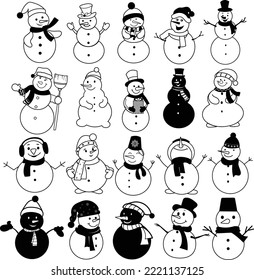 Set of winter holidays snowman. Cheerful snowmen in different costumes outline vector isolated