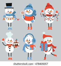 Set of winter holidays snowman. Cheerful snowmen in different costumes. 
Snowman chef, magician, snowman with candy and gifts.