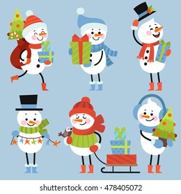 Set of winter holidays snowman. Cheerful snowmen in different costumes. Gifts, Christmas tree, garland, and other holiday attributes.