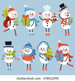 Set of winter holidays snowman. Cheerful snowmen in different costumes. Gifts, Christmas tree, garland, and other holiday attributes.