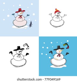 Set of winter holidays snowman. Cheerful snowmen in different hats.