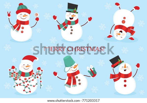 Set\
of winter holidays snowman. Cheerful snowmen in different costumes.\
Snowman chef, magician, snowman with candy and\
gifts.