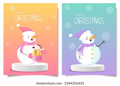 Set of winter holidays snowman in colored hat. Cheerful snowmen in gradient background .  Merry Christmas Snowman icon isolated x mas text