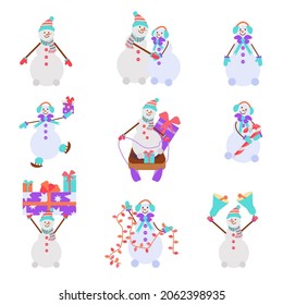 Set of winter holidays snowman. Cute snowmen in love are sledding and skating, untangling garlands, giving gifts, ringing a bell. Vintage Christmas poster. Vector illustration in a flat cartoon style